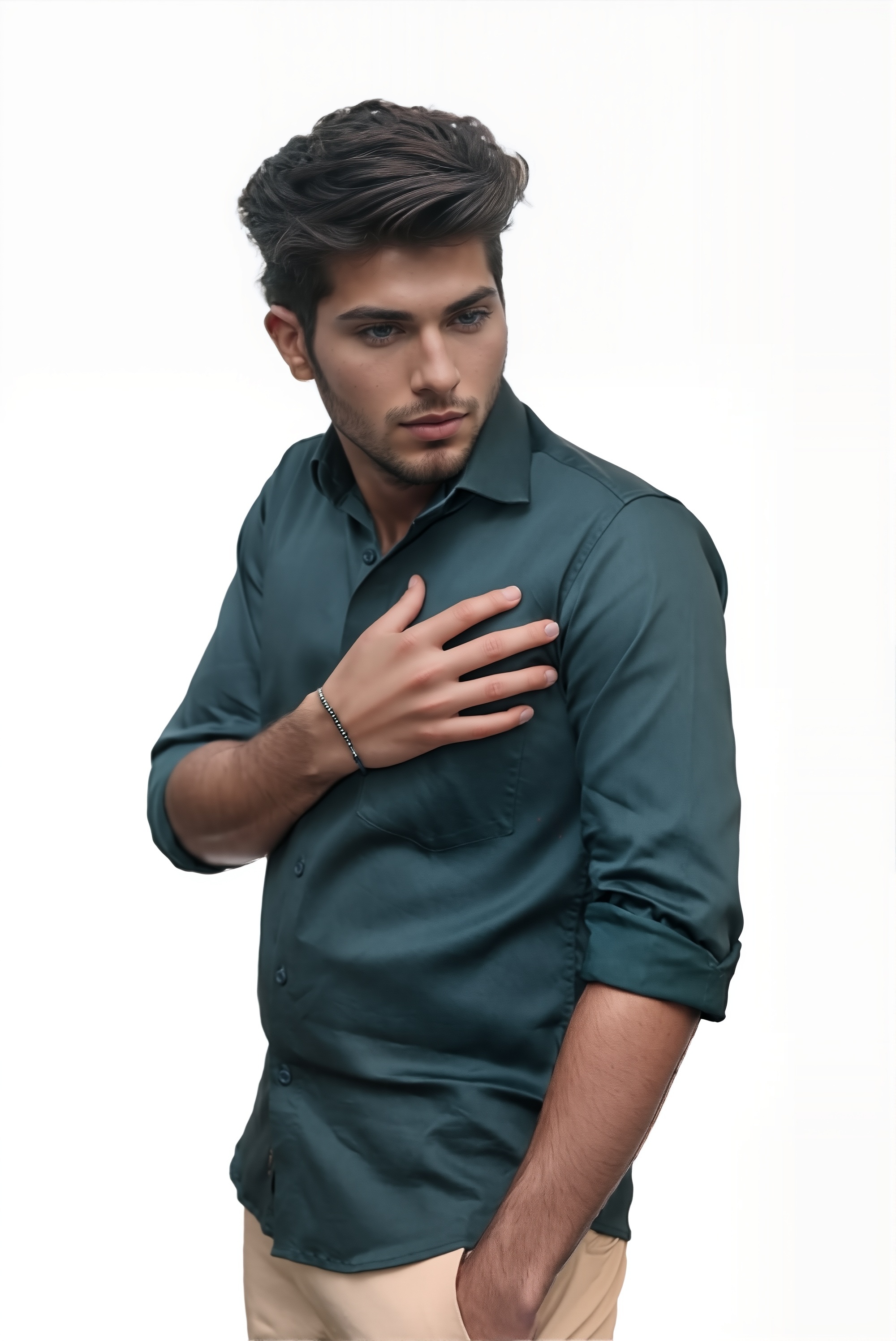 Men’s Dark Green Colour Cotton-Satin Lycra Shirt – Slim Fit, 2-Way Stretch, Smart & Club Wear