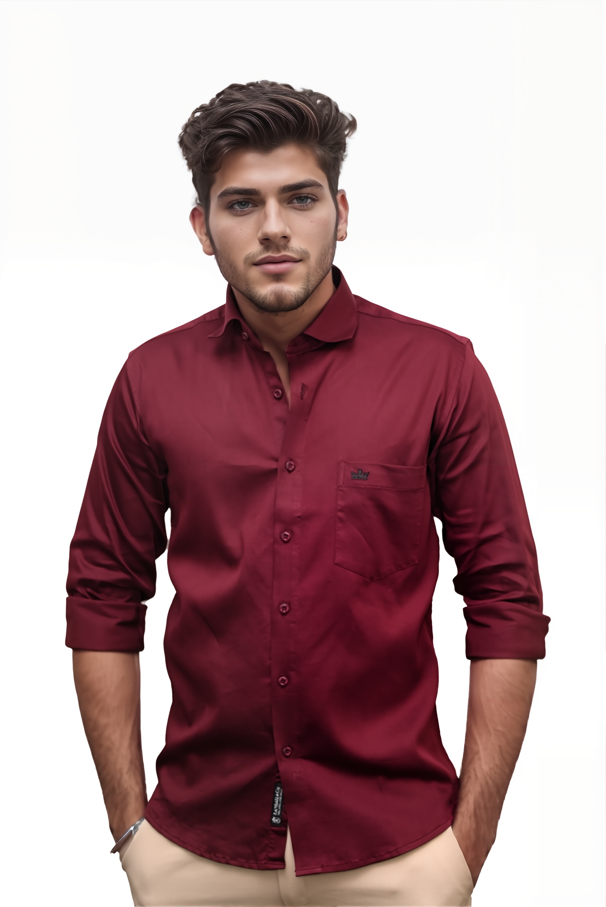 Men’s Maroon Colour Cotton-Satin Lycra Shirt – Slim Fit, 2-Way Stretch, Smart & Club Wear
