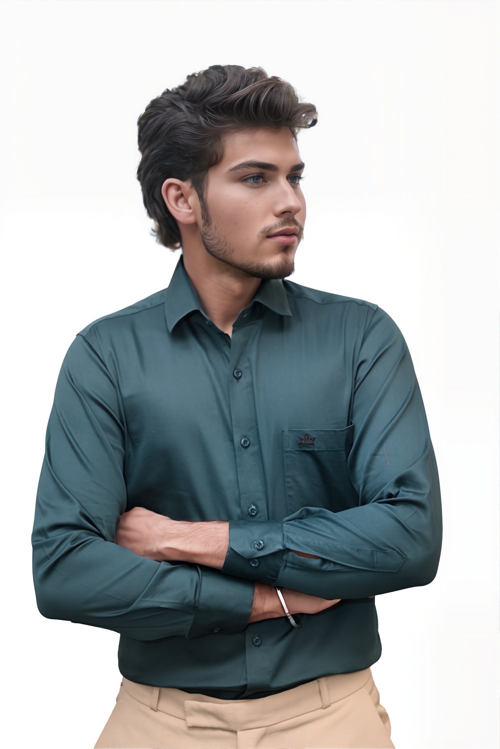 Men’s Dark Green Colour Cotton-Satin Lycra Shirt – Slim Fit, 2-Way Stretch, Smart & Club Wear