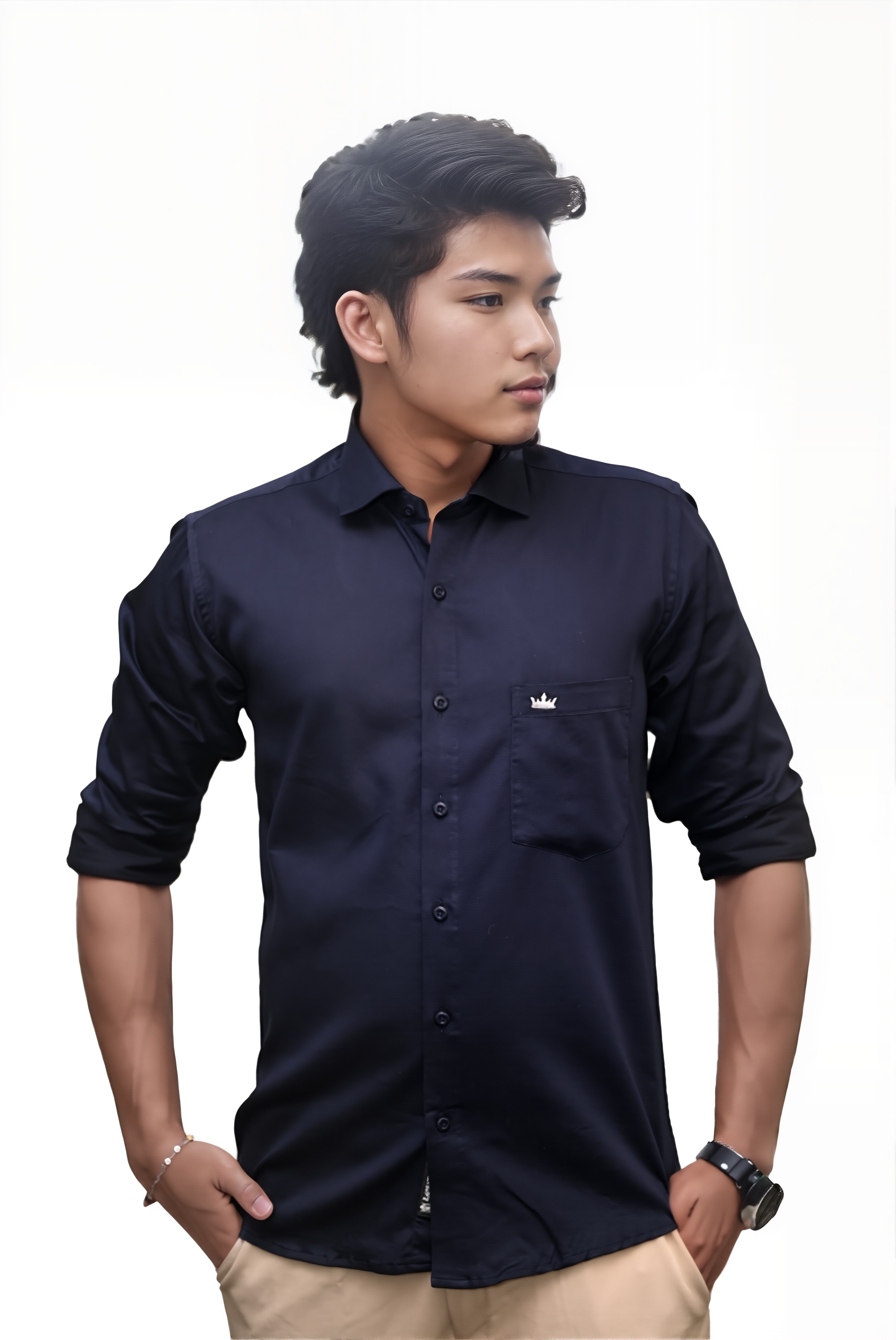 Men’s Navy Blue Colour Cotton-Satin Lycra Shirt – Slim Fit, 2-Way Stretch, Smart & Club Wear