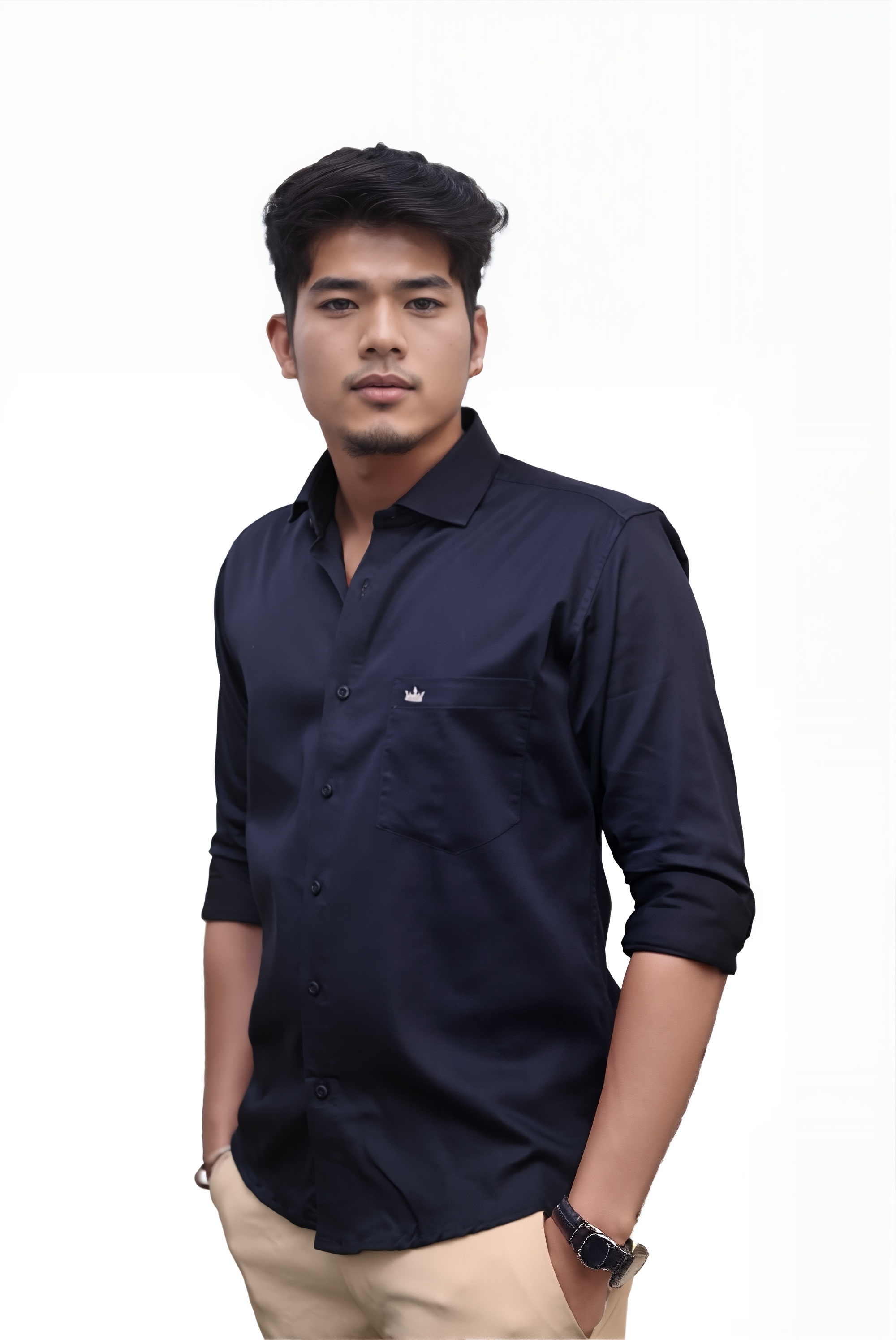 Men’s Navy Blue Colour Cotton-Satin Lycra Shirt – Slim Fit, 2-Way Stretch, Smart & Club Wear