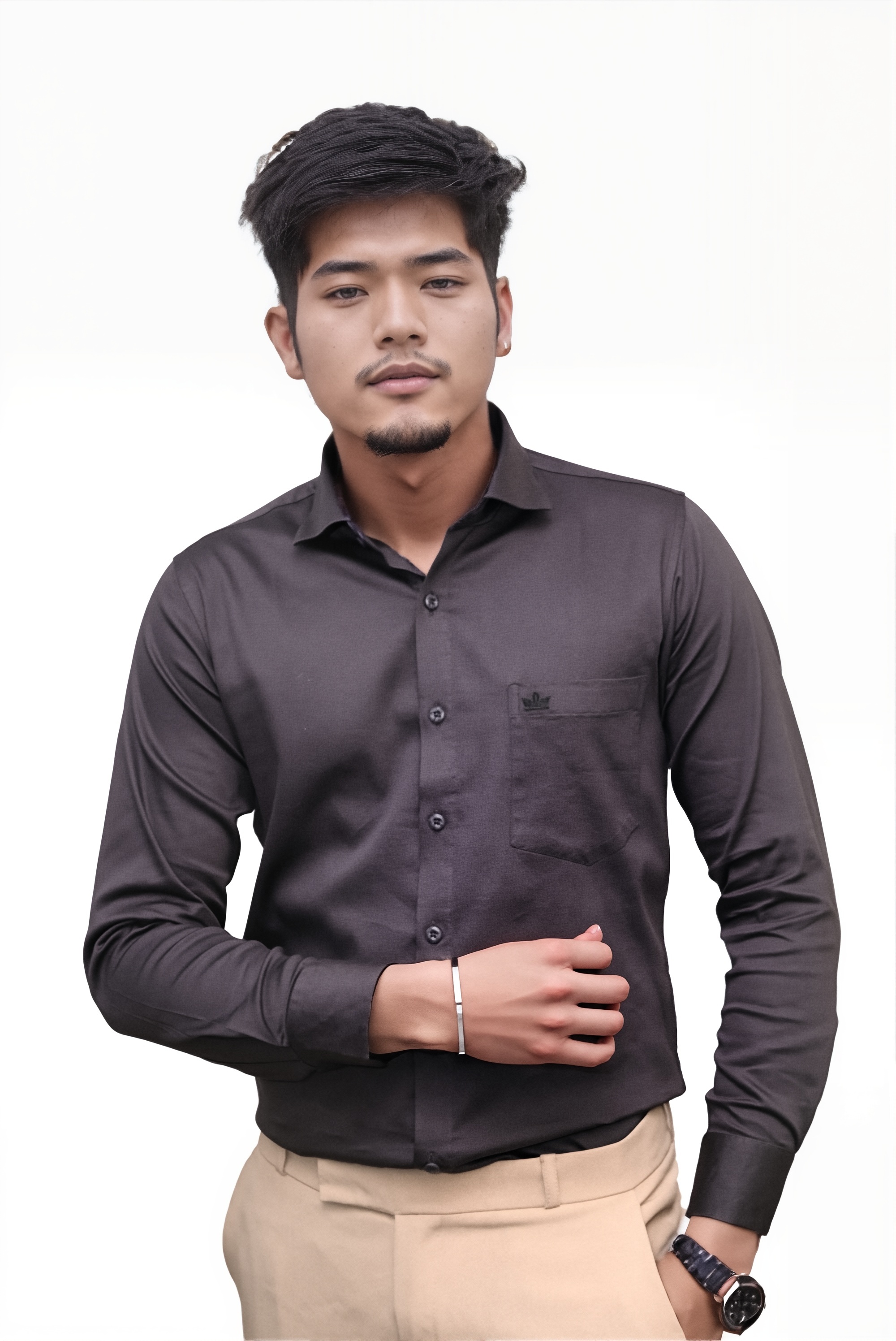 Men’s Dark Grey Colour Cotton-Satin Lycra Shirt – Slim Fit, 2-Way Stretch, Smart & Club Wear