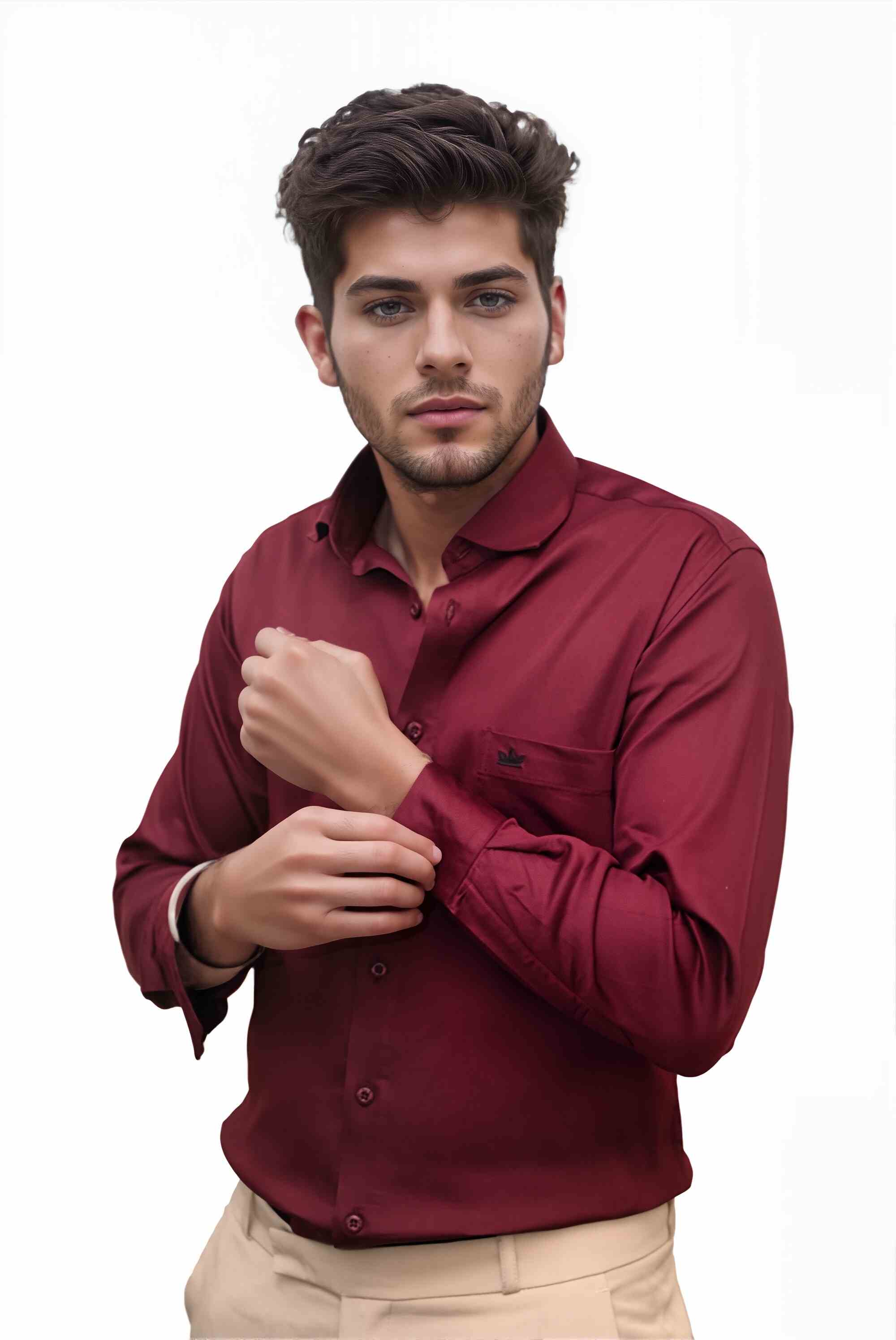 Men’s Maroon Colour Cotton-Satin Lycra Shirt – Slim Fit, 2-Way Stretch, Smart & Club Wear