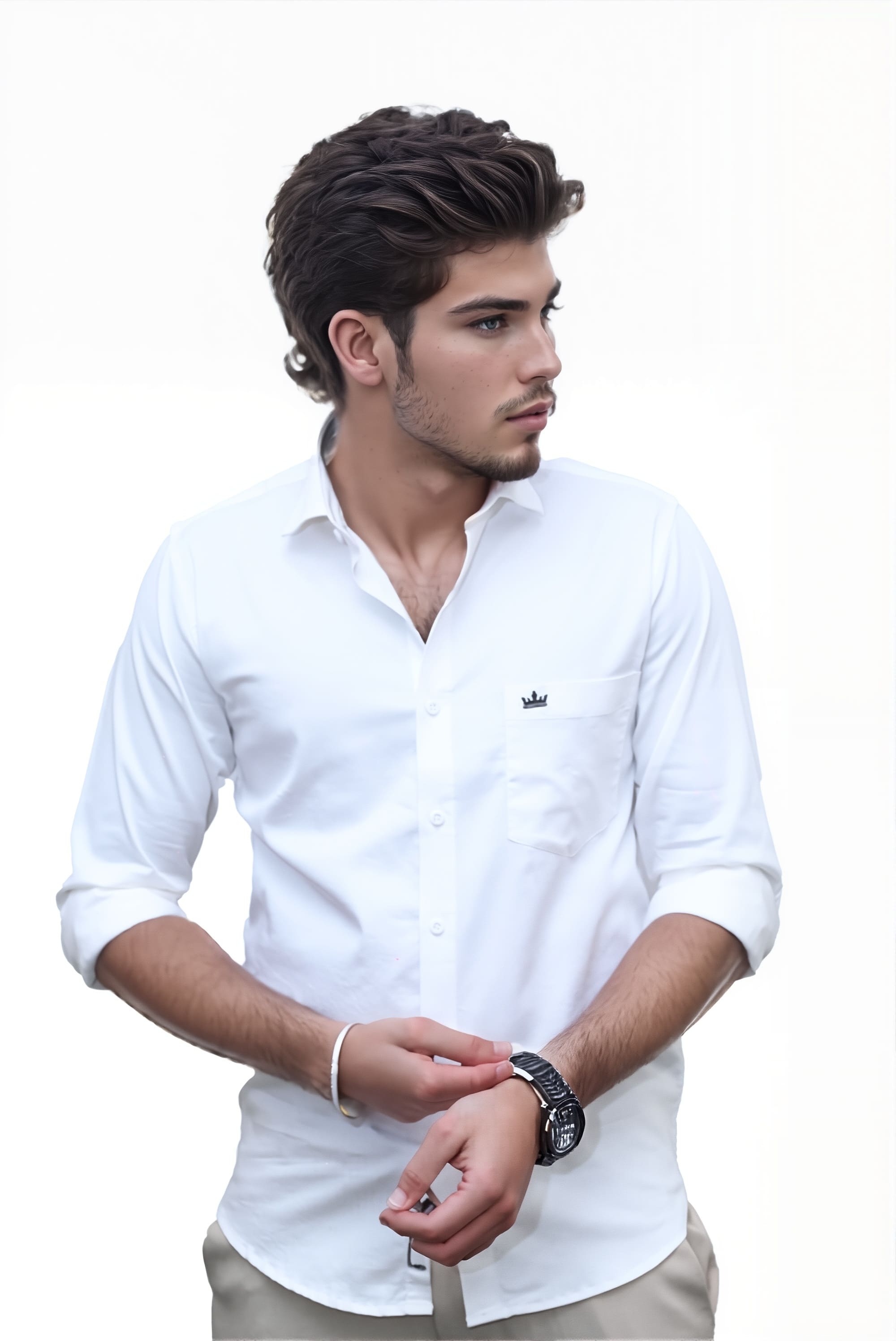 Men’s White Colour Cotton-Satin Lycra Shirt – Slim Fit, 2-Way Stretch, Smart & Club Wear